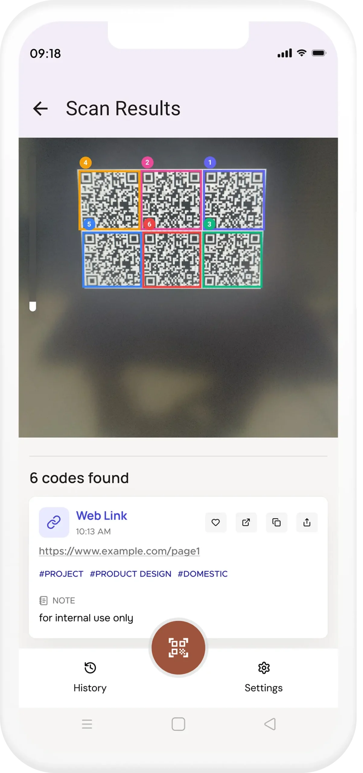 QIK QR scanner showing 6 codes scanned at once with instant and bulk scan mode options