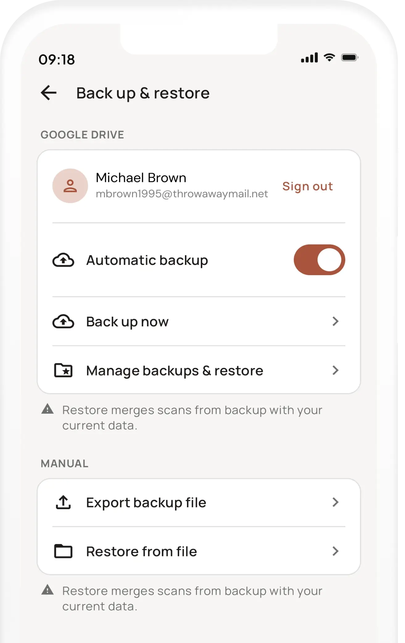 QIK Premium backup settings screen with Google Drive automatic backup and manual export restore options