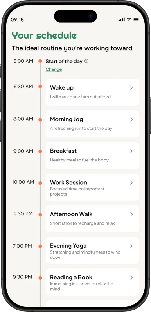 Mobile app screen showing an ideal daily schedule with wake up, morning jog, breakfast, work session, afternoon walk, evening yoga, and reading time.