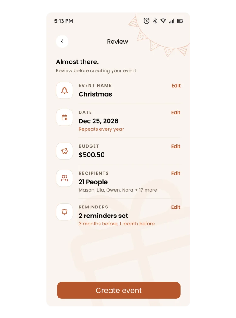 create event page