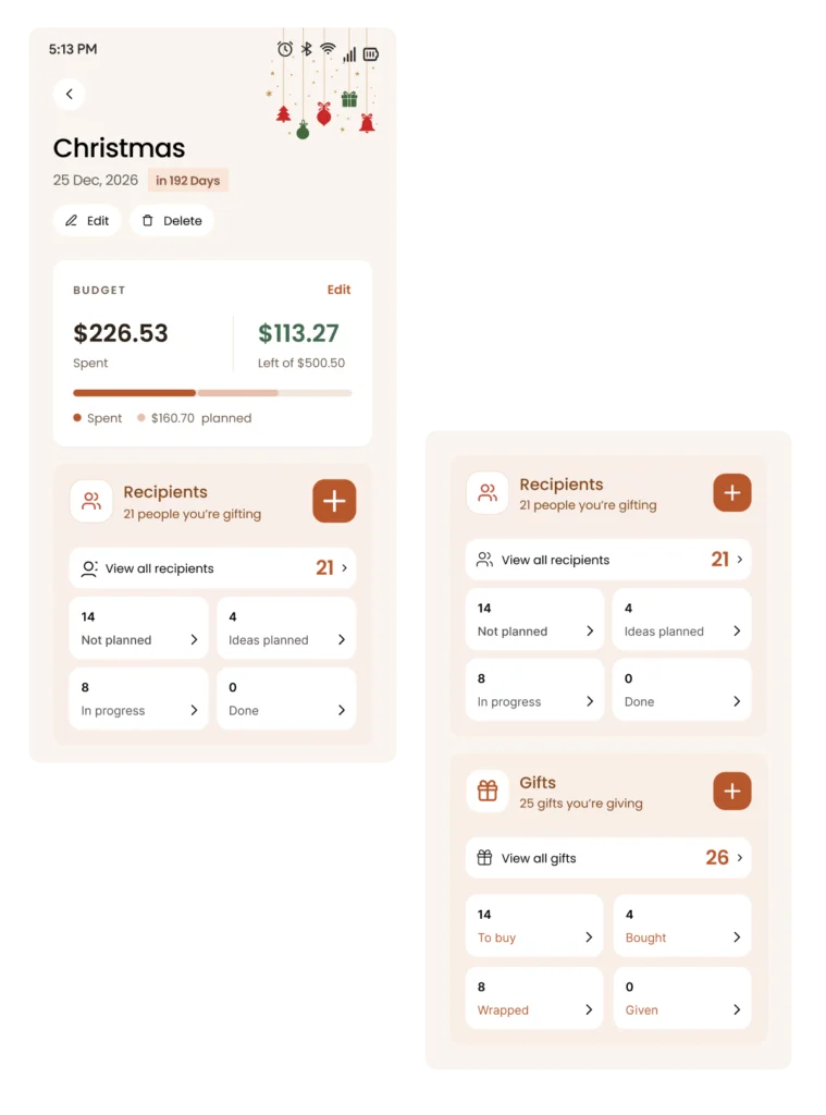 A Christmas gift planning dashboard that helps you organize recipients, track gift status, manage budgets, and stay on top of every holiday gift. Monitor gifts to buy, purchased items, wrapped presents, and completed deliveries while keeping your holiday spending under control.